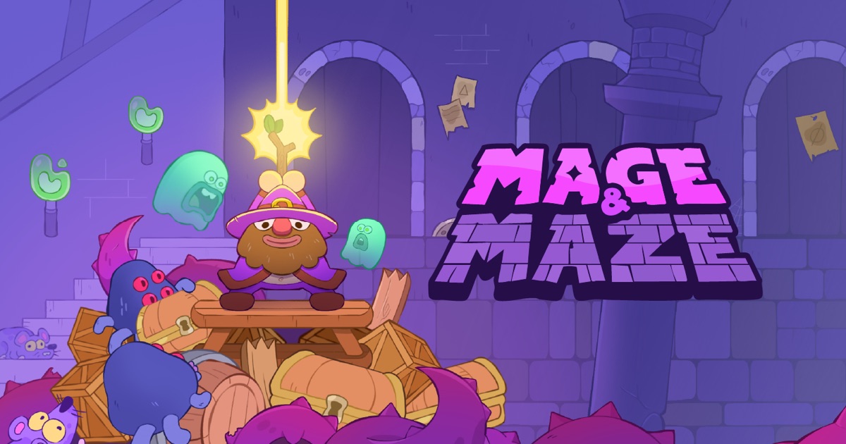 Arte de Mage & Maze: um mago sentado sobre uma pilha de baús de tesouro numa masmorra